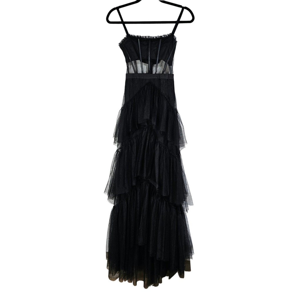 Black Corset Tiered Tulle Ruffle Maxi Dress Small Goth Grunge Fairy Dark Romance